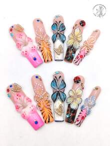 10 piezas de uñas postizas hechas a mano, puntas de uñas cuadradas de 55mm, rosa, blanco, puntas de dedos rosa-naranja, pétalos de flores grandes en relieve 3D, diseño de mariquita, decoración de mariposa dorada 3D, acentos de strass, líneas negras pintadas a mano, patrones de lunares, uñas personalizadas lindas - Multicolor - Ver 1
