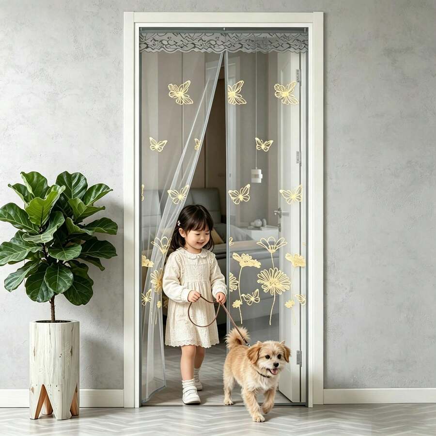 Tirai Pintu Jaring Anti Nyamuk Musim Panas Terbaru, Dasar Abu-abu dengan Pola Bordir, Jaring Rapat, Desain Menutup Sendiri, Aman untuk Anak & Hewan Peliharaan, Pemasangan Mudah Tanpa Bor, Cocok untuk Rumah & Toko Sepanjang Musim - Pola bordir latar belakang abu-abu - View 1