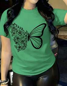 Women's Casual Style T-Shirt, Fashionable Butterfly And Floral Print, Soft Fabric, Loose Fit, Round Neck, Short Sleeves, Perfect For Spring And Summer Everyday Wear. Butterfly, Floral, Chic T-Shirt - 綠色 - 查看 1