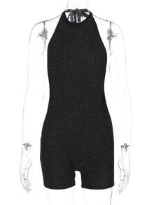 Hugcitar Mono ajustado sexy negro sin mangas con espalda descubierta y cordones para mujer, ropa de moda de verano, ropa de calle, fiesta, club, romper - Negro - Ver 7