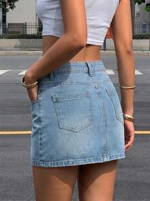 Women's Casual Versatile Solid Color Denim Mini Skirt Summer - Light Wash - View 6