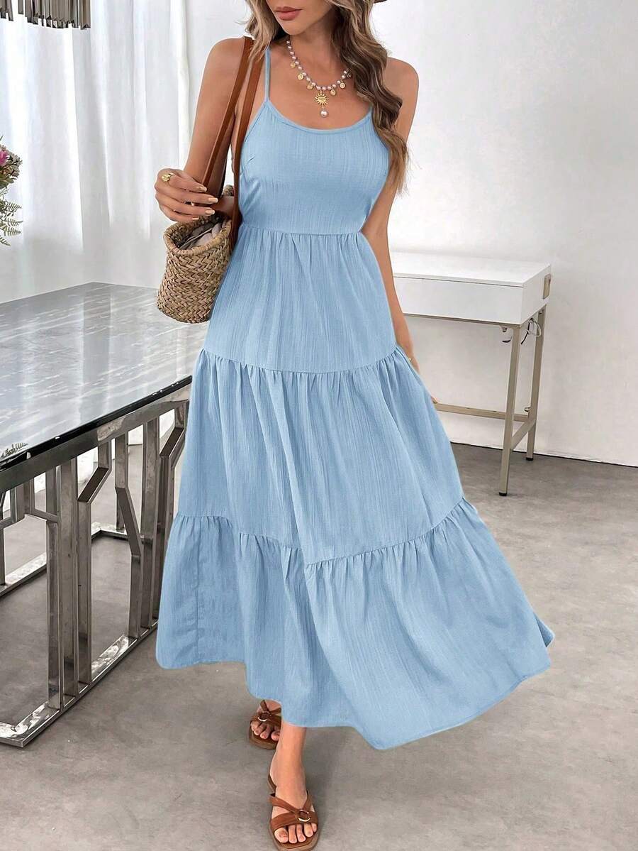 Vestido Tirantes Espalda Descubierta Lazos Grandes Cintura Ajustada - Azul - Ver 1