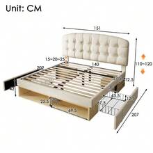 Letto matrimoniale 140x200 imbottito in velluto beige con rete a doghe, struttura del letto con testiera curva regolabile in altezza, letto con cassetti e vano contenitore, letto imbottito per camera da letto senza materasso. - Beige - Visualizzare 2