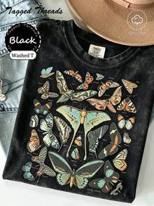 100% Cotton Vintage Butterfly & Moth Shirt Cottagecore Aesthetic Tee, Nature Lover Gift Comfortable T-Shirt Unisex Women's & Men's Campus Daily Wear - Washed T - Black - 查看 1