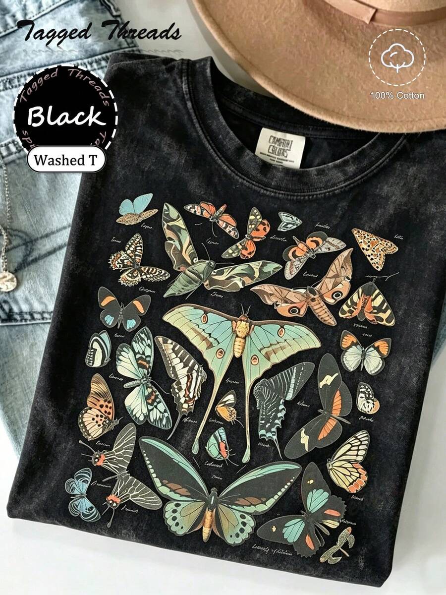 100% Cotton Vintage Butterfly & Moth Shirt Cottagecore Aesthetic Tee, Nature Lover Gift Comfortable T-Shirt Unisex Women's & Men's Campus Daily Wear - Washed T - Black - 查看 1