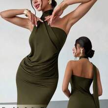 MewMuse. Vestido suelto con mangas acampanadas asimétricas de color marrón moca para mujer, vestido largo de moda, ropa de primavera/verano, adecuado para ir al trabajo - verde militar - Ver 1