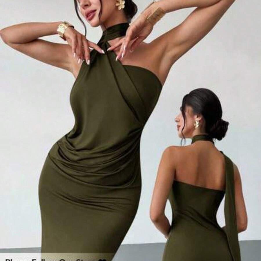 MewMuse. Vestido suelto con mangas acampanadas asimétricas de color marrón moca para mujer, vestido largo de moda, ropa de primavera/verano, adecuado para ir al trabajo - verde militar - Ver 1