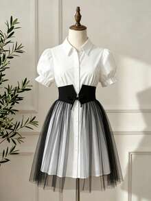 Tween Girl Solid Color Short Sleeve Collared Waist Band Mesh Splice Dress - Black - View 8
