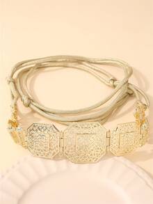 pieza de cadena de cintura de metal con diseñde filigrana hueca, cinturóajustable con cordópara abaya, caftá, bodas, fiestas de noche, accesorio para mujer. - Oro - Ver 6