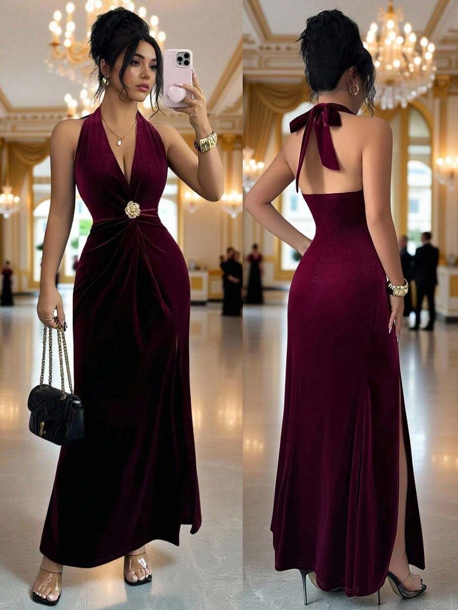 2026 Nuevo Vestido de fiesta de terciopelo rojo jujube con escote en V profundo, decoración de hebilla metálica, cintura ajustada con nudo retorcido y abertura alta, para primavera/verano - Burdeos - Ver 1