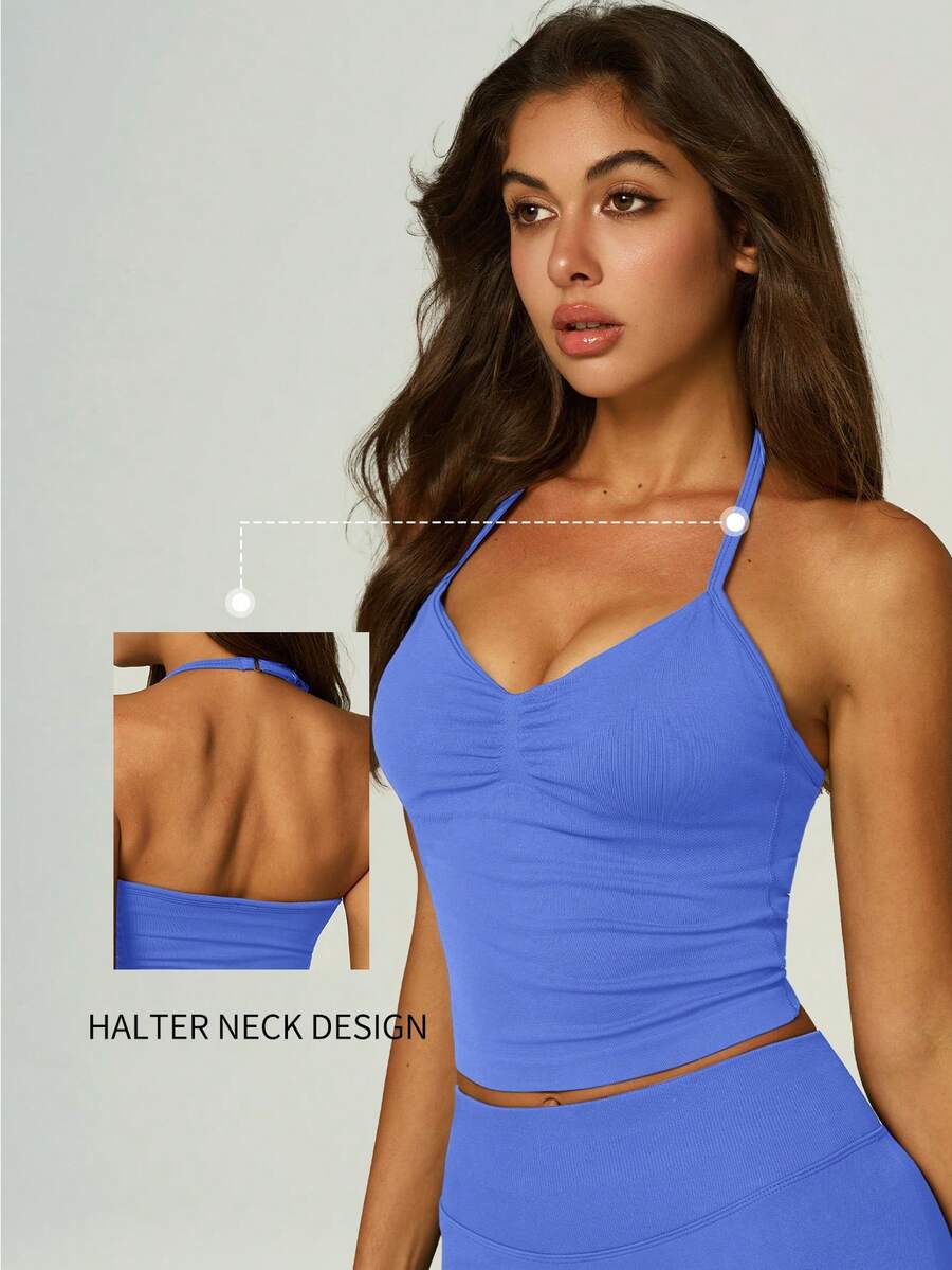 UONNOU 1 chiếc áo camisole định hình thể thao nữ, dây vai mảnh điều chỉnh được, cổ chữ V sâu gợi cảm, thiết kế nhún, hở vai và hở lưng, ôm eo, áo camisole định hình ngắn, vải dệt kim không đường may, phù hợp cho thể thao ngoài trời, yoga, gym, chạy bộ, mặc thường ngày, trang phục thể thao thời trang, xuân/hè - Màu xanh lam - Xem 1