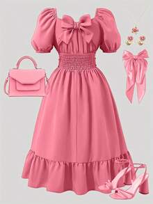 Vestido de talla grande para mujer, informal, bonito, elegante, con hombros descubiertos, manga acampanada, lazo, Color sólido, primavera y verano - Rosa - Ver 3