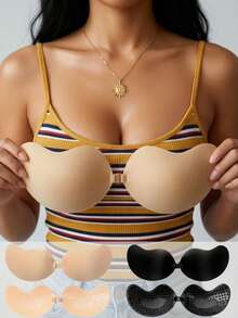Nude & Black Pear Shaped Silicone Self Adhesive Push Up Sticky Bra, Seamless Reusable Anti-Slip Bust Lifter Pasties, Invisible Strapless Style For Evening Gowns, Parties, Graduation, Date Nights, Music Festivals & Daily Low Cut Outfits - Multicolor - View 2