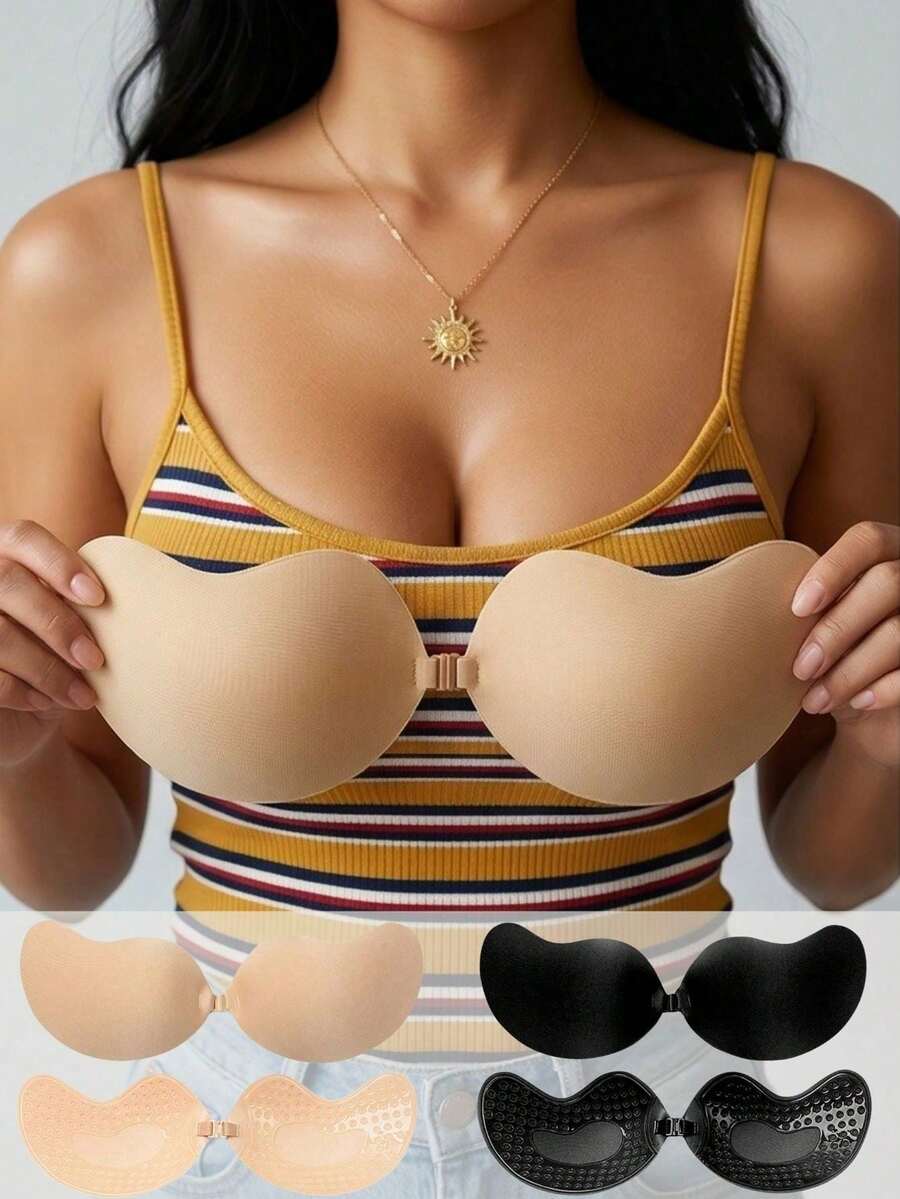 Nude & Black Pear Shaped Silicone Self Adhesive Push Up Sticky Bra, Seamless Reusable Anti-Slip Bust Lifter Pasties, Invisible Strapless Style For Evening Gowns, Parties, Graduation, Date Nights, Music Festivals & Daily Low Cut Outfits