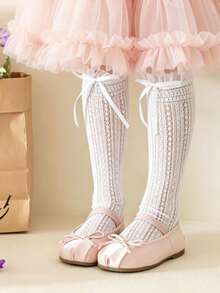 1 Pair Girls' Lace Bow Thin Knee-High Socks, Korean Style Ballet Inspired, Suitable For Little Kids In Summer - White - View 4