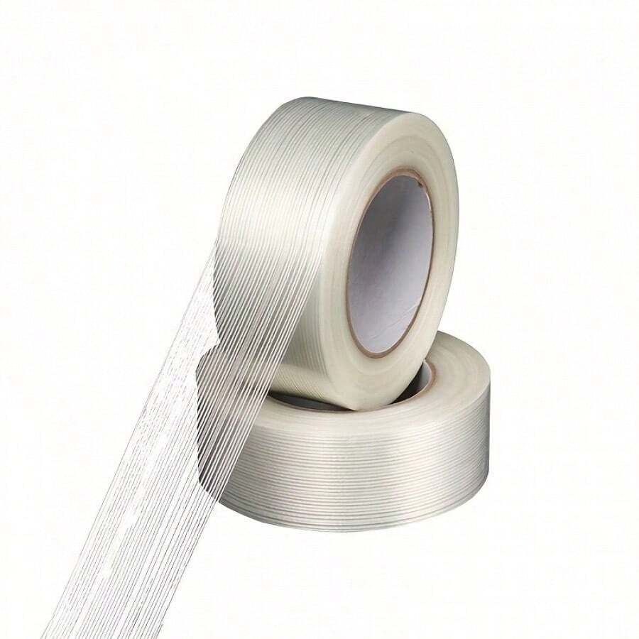 2pcs High Toughness Double-Sided Striped Fiber Tape, Strong & Tear-Resistant Transparent No-Trace Tape For Sealing, Packing, Heavy Duty Fixing, Appliance Repair, Crack Prevention, Multi-Purpose Industrial Tape - A-White - View 1