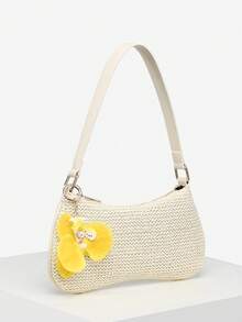 1 pieza Bolso de hombro tipo baguette para mujer, estilo vintage de vacaciones, con colgante tejido de cola de piel sintética, perlas falsas, flores de cerezo y cuentas de vida marina, adecuado para citas, salidas y vacaciones - Albaricoque - Ver 2