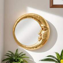 Espejo decorativo colgante de media luna con cara dorada de material de madera, decoración de pared de fondo creativo para el hogar, adecuado para decoración de pared, espejo de tocador y accesorios de fotografía - Multicolor - Ver 9