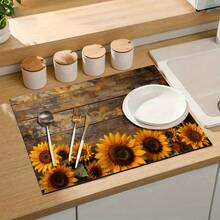 1pc Dish Drying Mat, Coffee Machine Mat, Vintage Distressed Wood Board Sunflower Print Polyester Fiber Drain Mat, Highly Absorbent, Durable, Suitable For Dining Table, Cafe And Other Scenes, Multi-Purpose Drainage Mat, Home Gift, Tabletop Decor - XYLSD-474 - View 7
