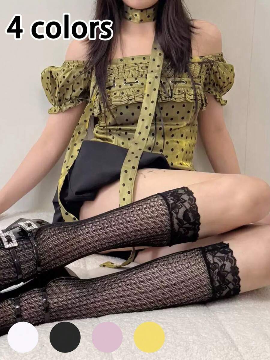 1/4雙女款小腿襪 蕾絲波點魚網襪 荷葉邊網格鬆垮小腿襪 Y2K透明高腰長襪 哥德蘿莉過膝襪 空心網格襪 夏季透氣透明小腿襪 - 彩色 - 查看 1