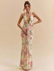 2026 Nuevo Vestido maxi elegante con cuello halter y escote profundo en V, de color amarillo crema, para mujer, para primavera/verano - Amarillo claro 2 - Ver 1