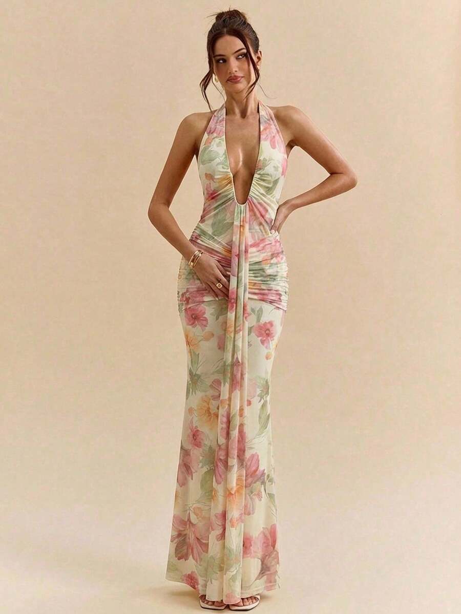 2026 Nuevo Vestido maxi elegante con cuello halter y escote profundo en V, de color amarillo crema, para mujer, para primavera/verano - Amarillo claro 2 - Ver 1