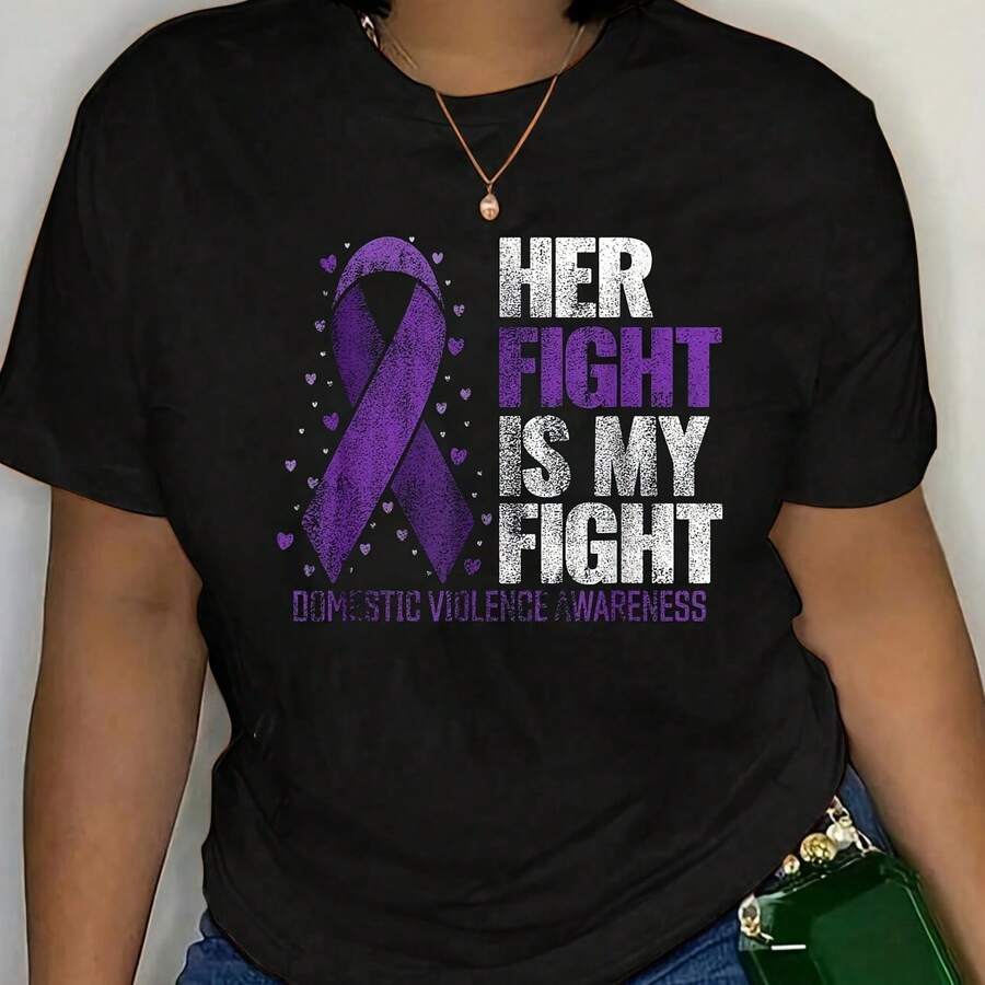 Cotton Her Fight Is My Fight Purple Domestic Violence Awareness T-Shirt 's Wo's Soft Breathable Tee Classic Fashion Summer Tops - Negro - Ver 1