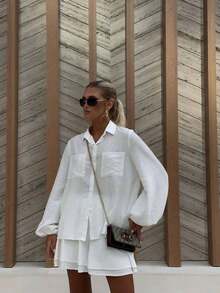 Women's Casual Long-Sleeved Ruffled Shorts Set - 白色 - 查看 3