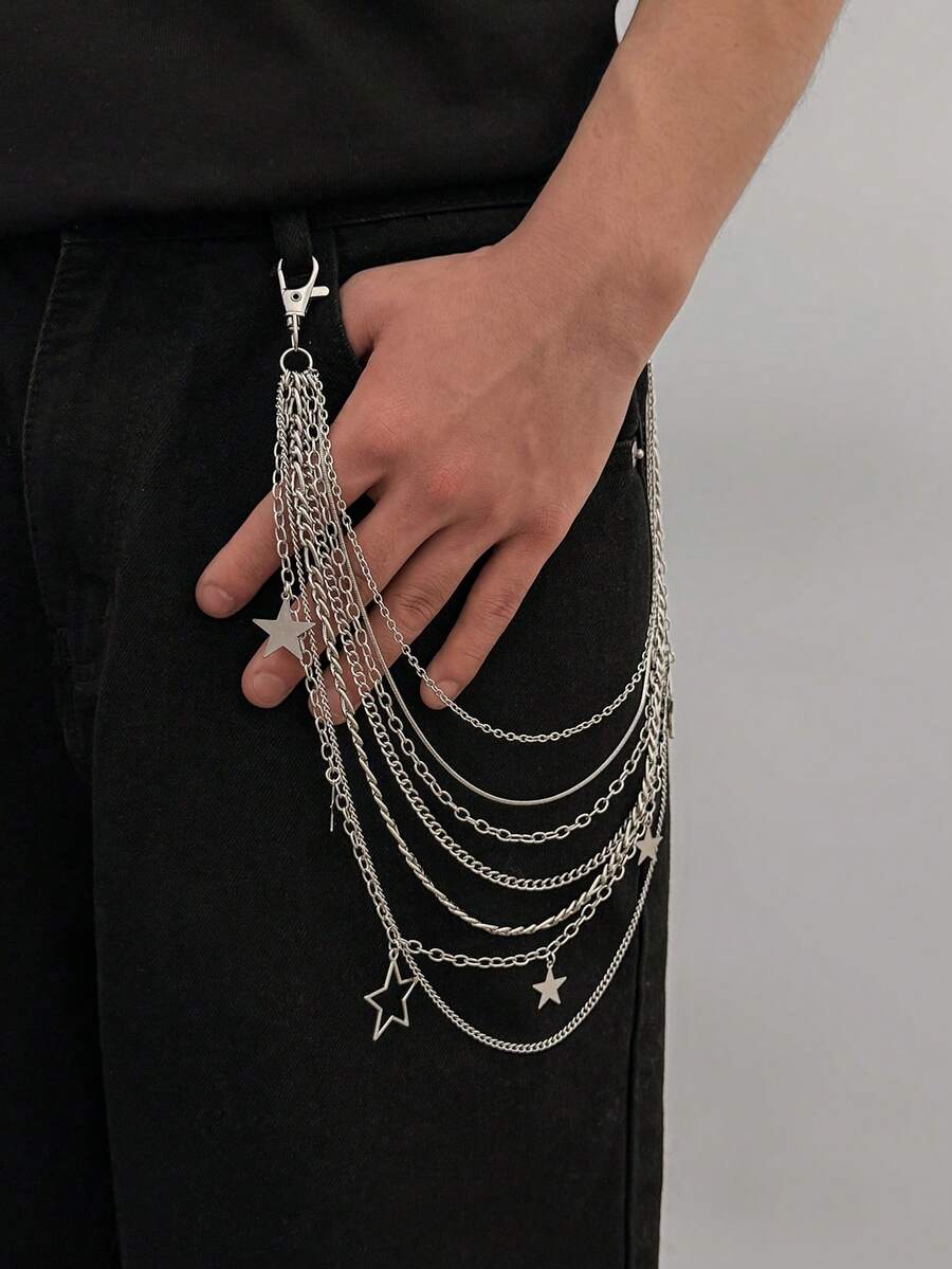 1 pieza Cadena de pantalones de moda para hombre con colgante de pentagrama hip hop y cadena geométrica multicapa, adecuada para uso diario, fiestas y festivales como regalo - Cadena de pantalones - Ver 1