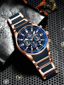 Reloj de cuarzo para hombre REWARD, estilo de moda empresarial, pantalla de calendario, manecillas luminosas, multifuncional, alta calidad, estilo de regalo, diseño clásico, correa de silicona - Oro rosa - Ver 7