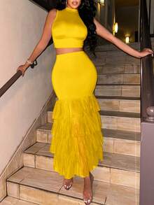 Conjunto de vestido de dos piezas para fiesta de moda, reunión festiva, con malla y apliques de volantes - Amarillo - Ver 1
