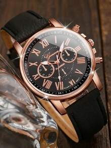6pcs/Set Fashion PU Leather Strap Alloy Quartz Watch Set - Black - View 2