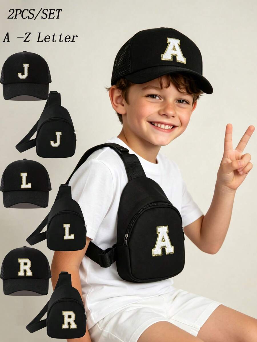 2piezas/Set Gorra de béisbol para niña con 26 letras Gorra de camión & Bolso de hombro mini Set, Monedero ligero y portátil, Para protección solar diaria al aire libre - Negro - Ver 1