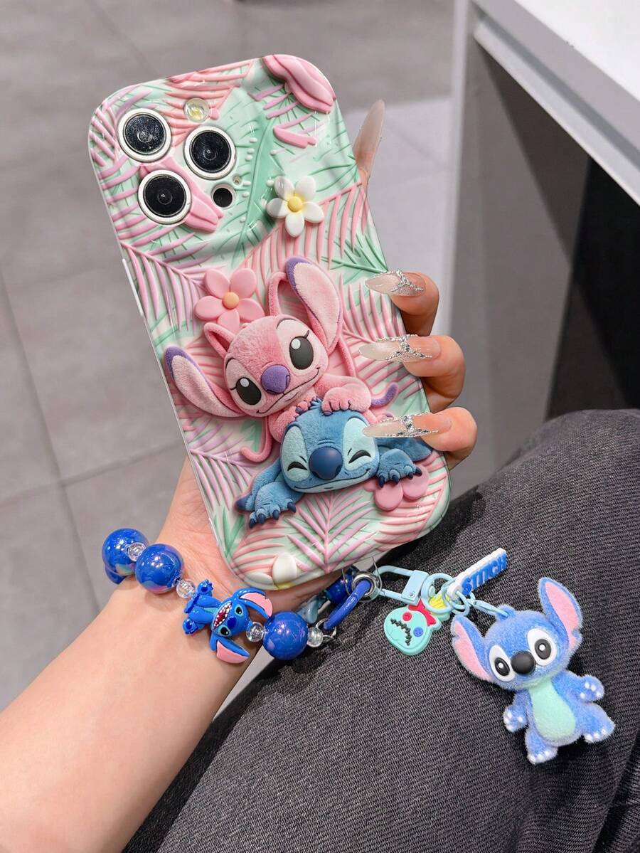 Disney Has Authorized, Phone Case - Chain Set, The Stitch Lilo & Stitch 3D Phone Case Plus A Silicone 3D Stitch Bracelet With Metallic Ring Removable Bracelet, Stitch And Angel Pattern, Compatible With Iphone17/16/15/14/13/12/11/XS/XR/X Plus Pro Max, A Stylish Cartoon Phone Case, The Perfect Gift Choice, Phone Protection, Durable Phone Cover, Great Gift For Friends And Family. - 白色 - 查看 1