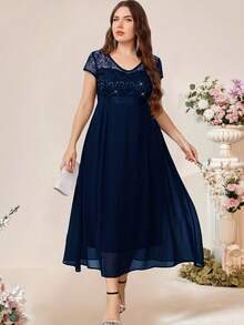Talla Grande - Vestido de Encaje con Abertura en la Espalda y Ajuste en la Cintura para Mujer de Talla Grande - Albaricoque - Ver 3