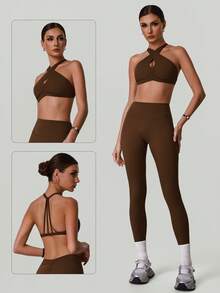 Women's Cross Strap Halter Neck Yoga Bra, Water Drop Hollow Backless Shock-Proof Push-Up Fitness Running Training Sports Bra - Brown - View 10