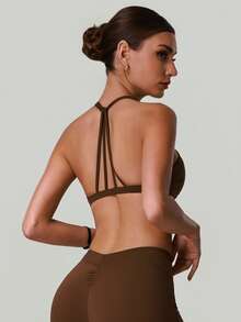 Women's Cross Strap Halter Neck Yoga Bra, Water Drop Hollow Backless Shock-Proof Push-Up Fitness Running Training Sports Bra - Brown - View 7