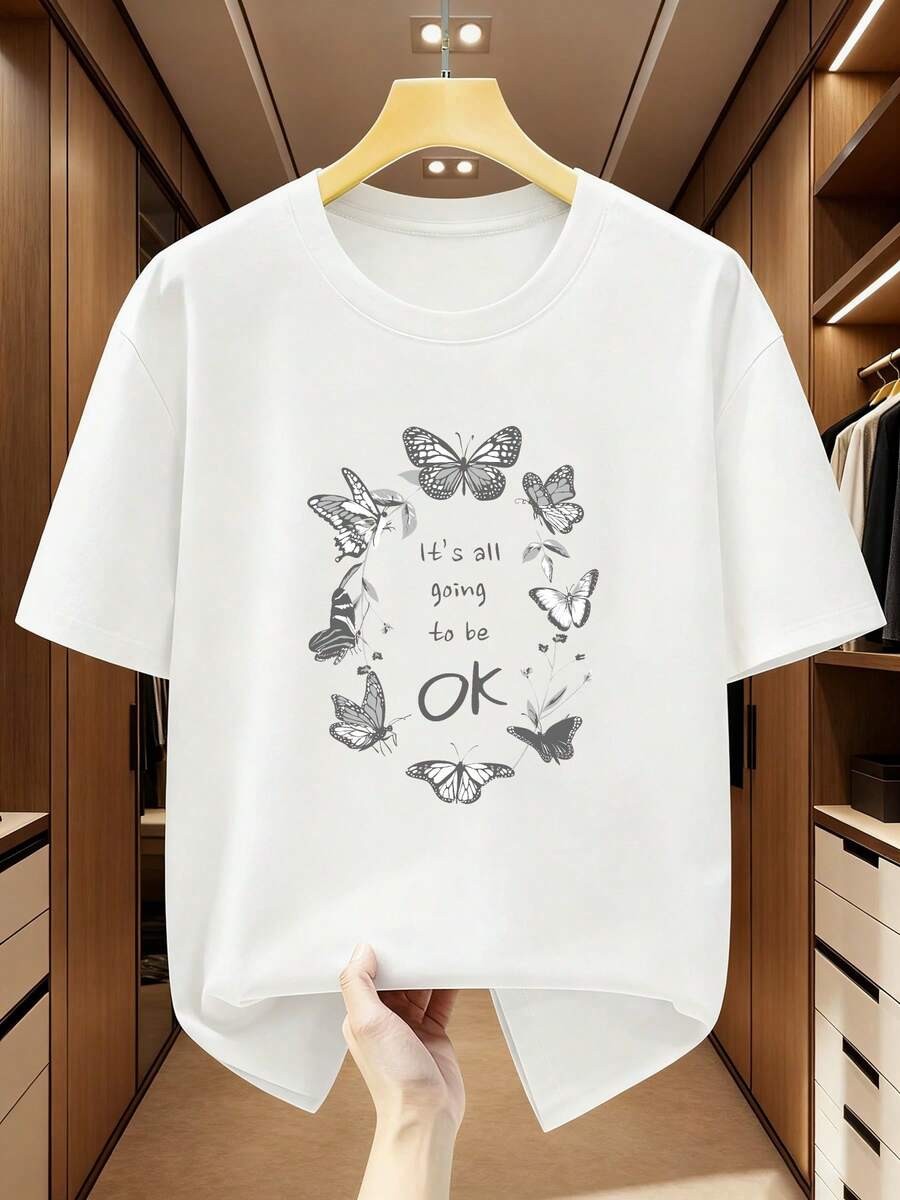 Camiseta de hombre talla% con diseño de mariposa y el texto Todo estará bien. Camiseta de manga corta para hombre. Camiseta cómoda y casual de manga corta para el verano. - Blanco - Ver 1