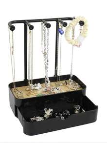 Estante de almacenamiento de escritorio - Organizador de joyas de doble capa con cajón, soporte de exhibición de collares y pulseras, estante colgante para aretes de botón, estante colgante creativo de almacenamiento de joyas, soporte de exhibición de collares y pulseras, caja de almacenamiento de joyas para aretes de botón - 1 - Ver 8