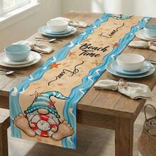 1pc Blue Beach Elf Print Table Runner, Suitable For Holidays, Parties, Birthdays, Dinner Parties, Restaurant Table Decor, All Seasons, Home Decoration - Multicolor - View 3