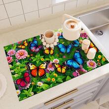 1pc Dish Drying Mat, Coffee Machine Mat, Colorful Butterfly Floral Print Durable Absorbent Drainage Mat, Suitable For Dining Table, Cafe And More, Multi-Purpose Water-Draining Mat, Home Gift, Tabletop Decor - XYLSD-472 - View 6
