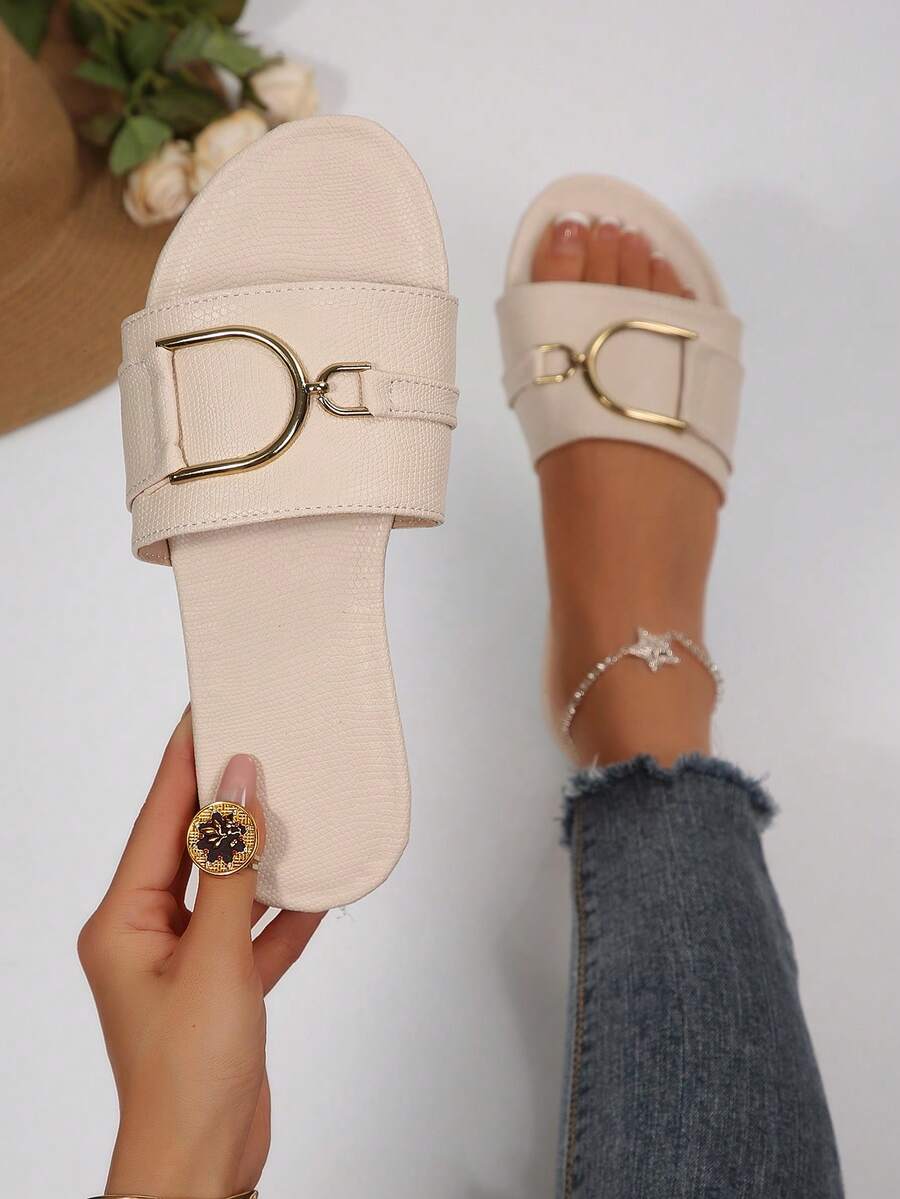 Beige Flat Slide Sandals For Women, Leather Upper With Embossed Texture And Metal Buckle Decor, Slip-On Vacation Style Summer Casual Beach Shoes, New Summer Casual One-Strap Flat Sandals - Beige - View 1