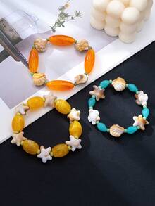 1 cái/3 cái Vòng tay hạt phong cách Bohemian mùa hè đính sao biển và vỏ sò, phối màu khối Dopamine xanh cam - Vòng tay hình sao biển và vỏ sò - Xem 4