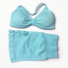 Conjuntos de sujetadores Halter de Yoga sin costuras, 2 piezas, pantalones cortos deportivos con fruncido en la parte de atrás, Tops cortos de gimnasio - Burdeos - Ver 9