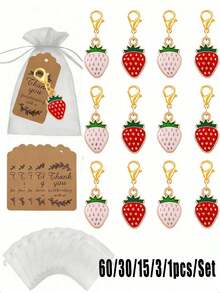 Bộ quà tặng móc khóa dâu tây 60/30/15/3/1pc/Set, bao gồm 5 móc khóa dâu tây thủ công, 5 thiệp cảm ơn và 5 túi organza. Móc khóa được làm thủ công với dâu tây đỏ và trắng. Lý tưởng làm quà tặng cho phù dâu, quà tặng cho khách mời - Nhiều màu - Xem 1