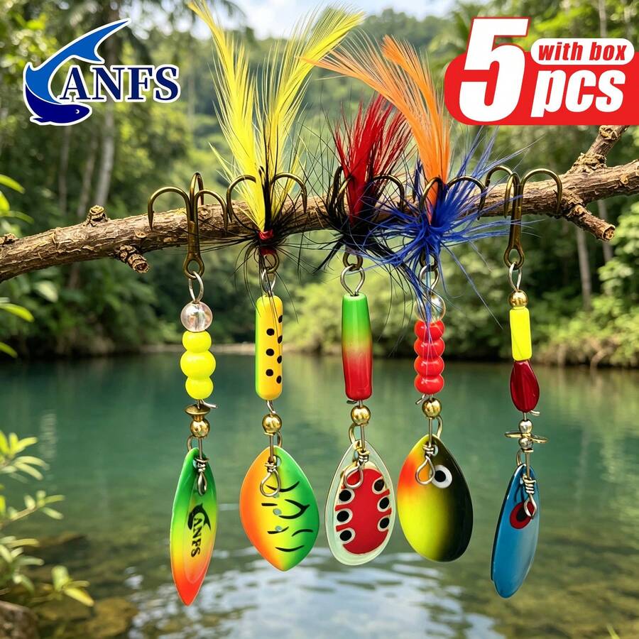 ANFS 5pcs/Set Fishing Lure Rotating Spoon Spinner Bait Hook Hard Metal Spinner Lure Set With Tackle Box, Gift Pack