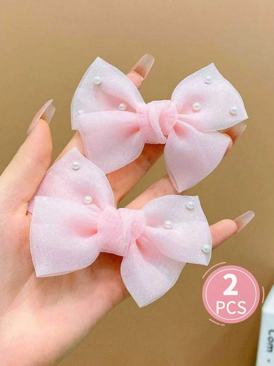 2pcs Girls' Multi-Color Faux Pearl Decor Bow Hair Clips - Pink - View 1