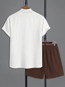 Men's Loose Casual Fashion 2-Piece Set, Short Sleeve Open Front Shirt With Drawstring Shorts, Colorblock Patchwork Style - Rust Brown - View 4