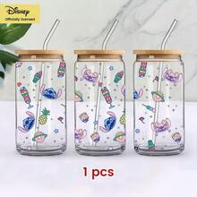 [Officially Licensed]Disney Stitch Glass Cup With Bamboo Lid And Straw | Cute Cartoon Tumbler Can Shaped Drinking Cup | Kawaii Iced Coffee Cup Gift For Lilo And Stitch Fans - Multicolor - View 12
