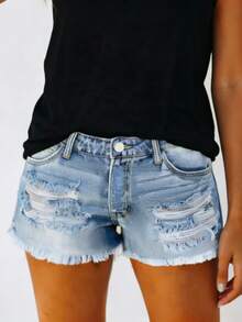 Fashionable Casual Vacation Style Washed Frayed Distressed Loose Women Denim Shorts Summer - Light Wash - View 7